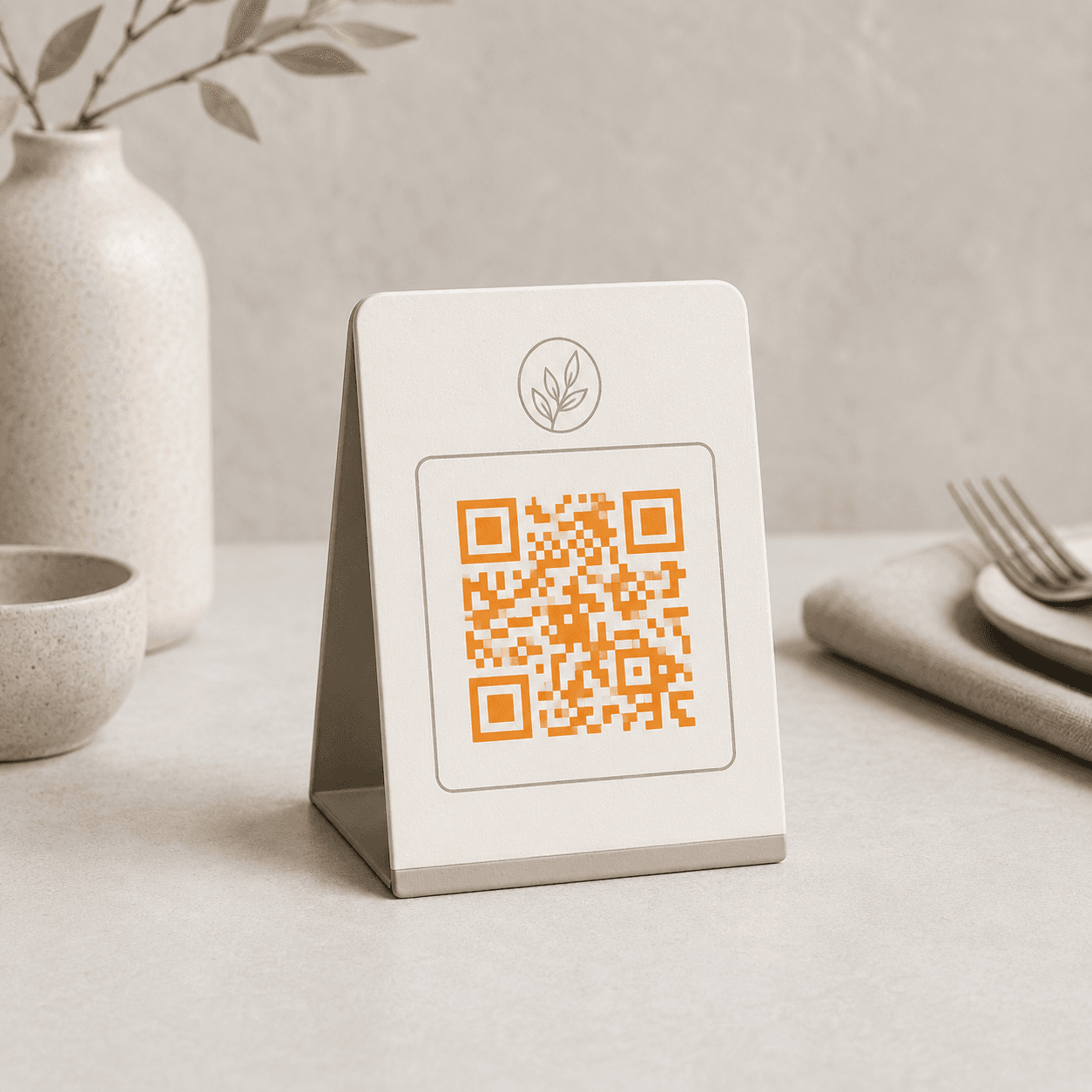 Table tent with a Fidevos QR code.