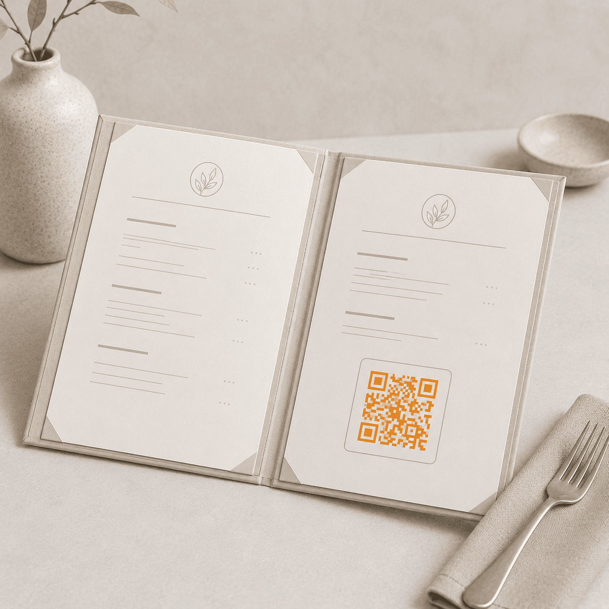 Restaurant menu with a Fidevos QR code.