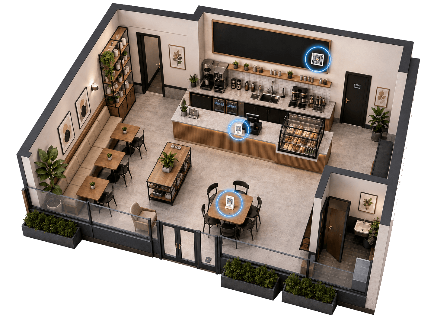 Cafe layout showing QR codes at the counter, tables and wall.
